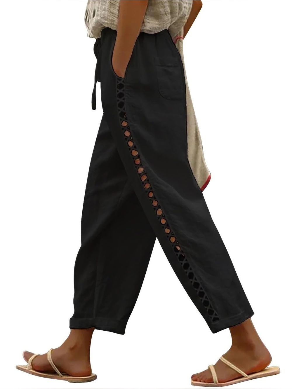 Women's Black Linen Capri Pants With Drawstring  Beachwear Elastic Waist Black,L